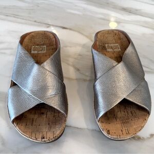 Pewter or warm silver cross cross platform slides. FitFlop size 6.